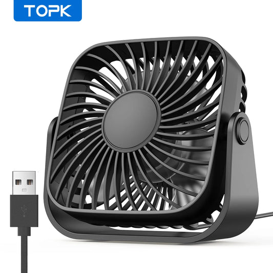 مروحة مكتبية USB صغيرة من TOPK – ثلاث سرعات، دوران 360 درجة، تصميم هادئ ومحمول