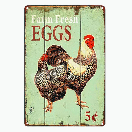 لوحة معدنية ريترو: بيض طازج ودجاج سعيد للزينة