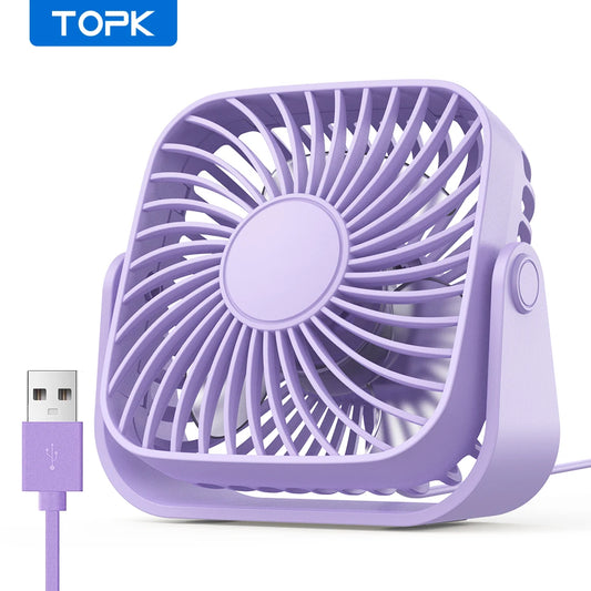 مروحة مكتبية USB صغيرة من TOPK – ثلاث سرعات، دوران 360 درجة، تصميم هادئ ومحمول
