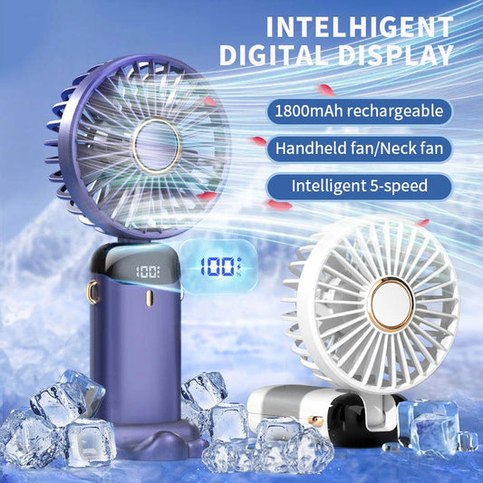 مروحة محمولة بتقنية 3 في 1 – قابلة للتعليق على الرقبة، مزودة بحامل هاتف، 5 سرعات وشاشة LED
